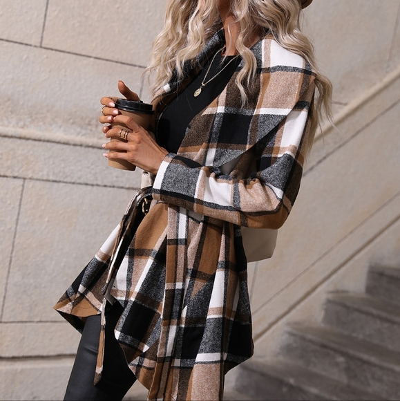 Waterfall Collar Asymmetrical Hem Belted Coat - Picture 5 of 5